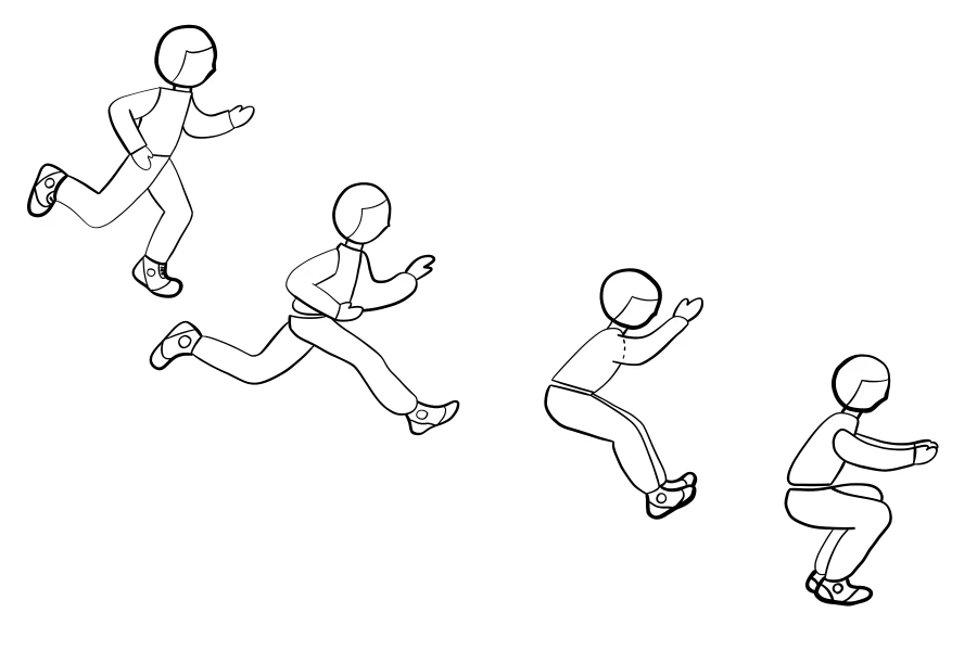 Draw Human Figures for Long Jump Exercise: acceleration than push and action in the air, final landing