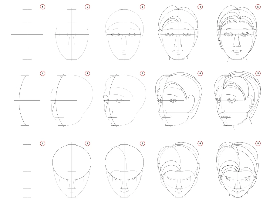 Draw a human head in different positions