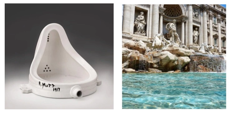 Fountain-by-marcel-duchamp-and-baroque-fountain-de-trevi-by-nicola-salvi-and-pietro-bracci