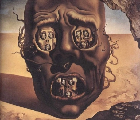 Surreal artwork of a floating giant head with a dark expression