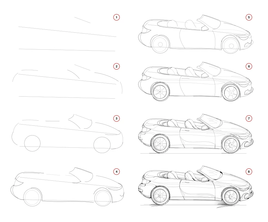 Draw a fashionable convertible car