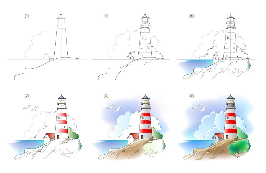 Draw a sketch of landscape with lighthouse