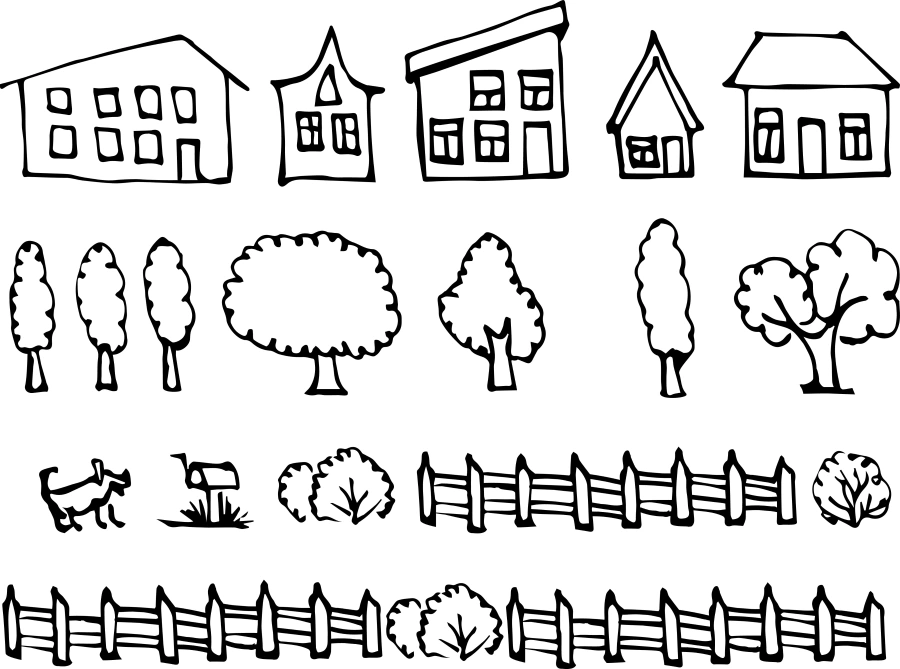 Set of simple houses and trees, street to draw
