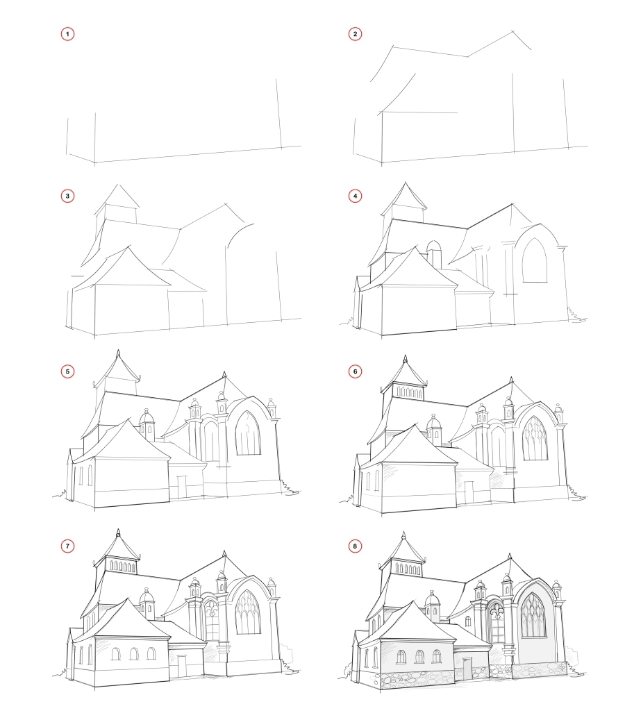 Draw a medieval architectural building