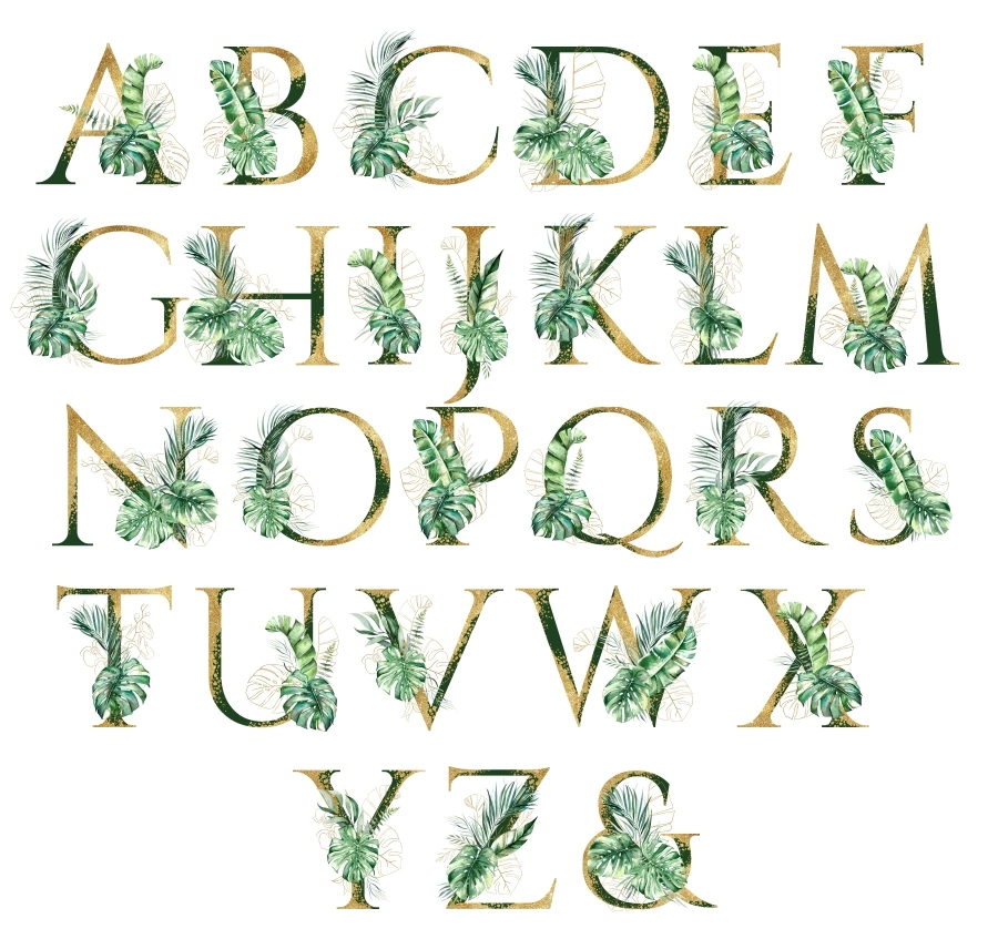 Golden alphabet letters decorated with green and golden Watercolor tropical leaves