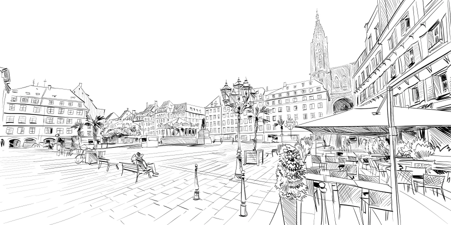 Hand drawn sketch of Kleber Square. Strasbourg. France