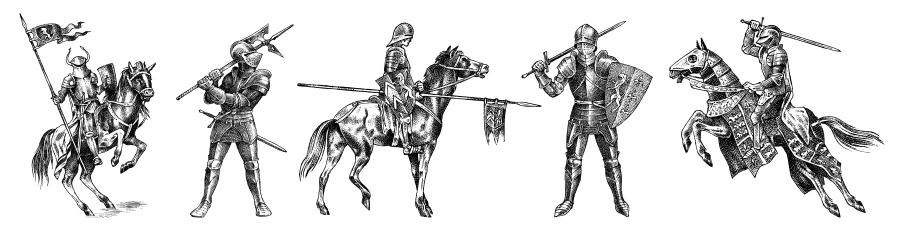 Examples of Medieval armed knight in armor and on a horse
