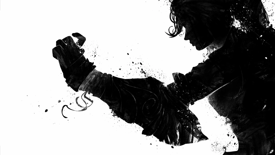 A girl martial artist, she stands in a combat stance in profile with her arm outstretched in a heavy brass knuckles