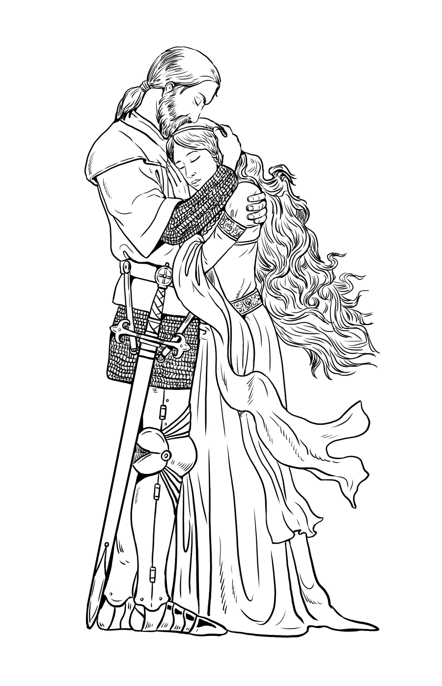 Draw Knight and his queen. Love of Tristan and Isolde